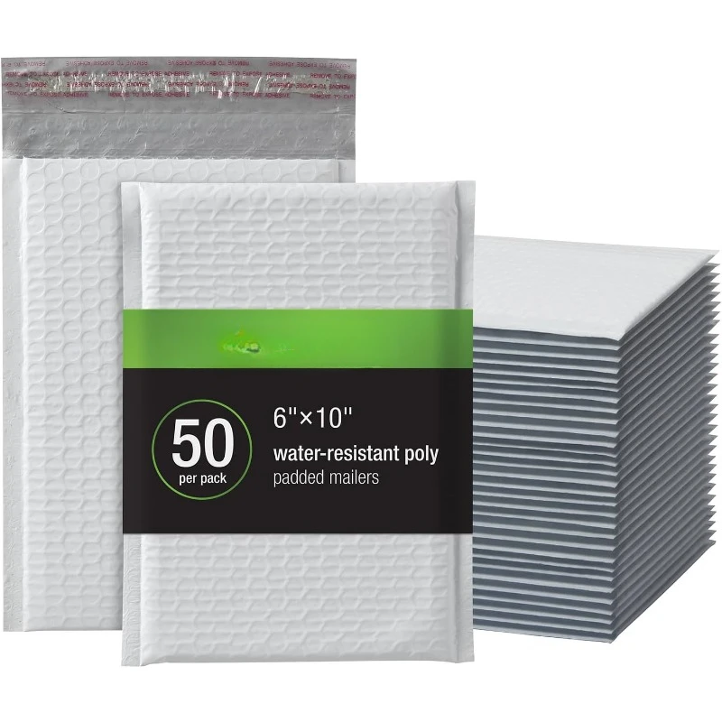 

6 x 10 Inch, White Poly Mailers, Padded Shipping Envelopes Water Resistant, Self Seal, 50 Per Box, Plastic