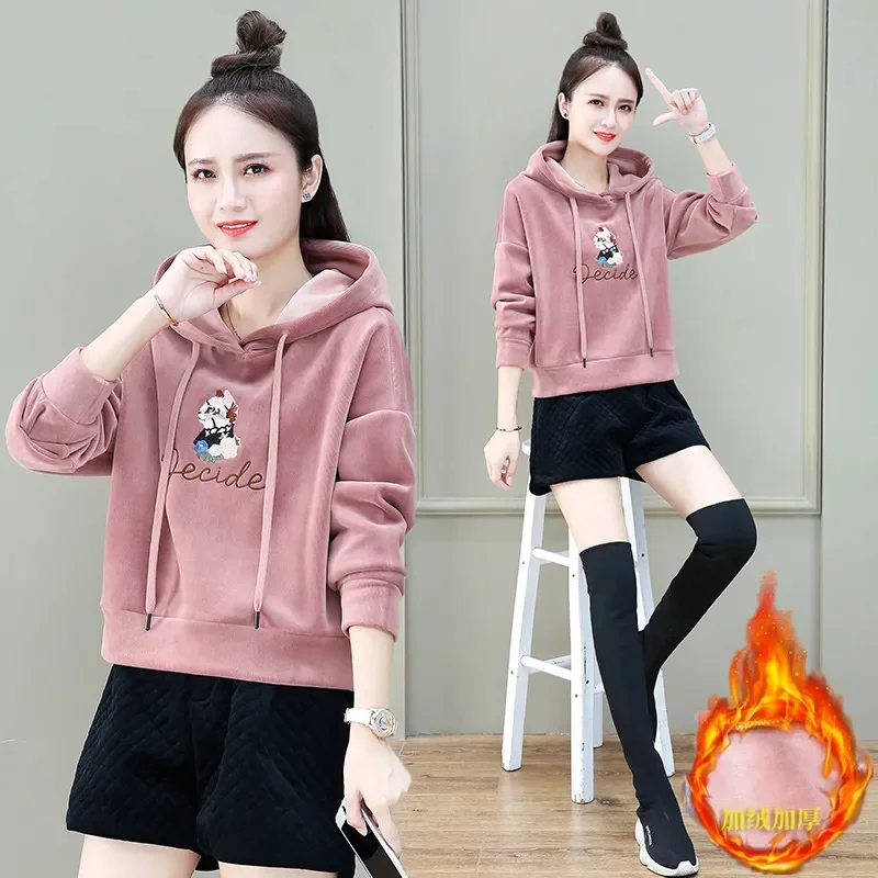 Women\'s Hooded Embroidery Sweatshirt 2023 Autumn Winter New Add Velvet Thickened Warm Top Lady Short Loose Coat 4XL