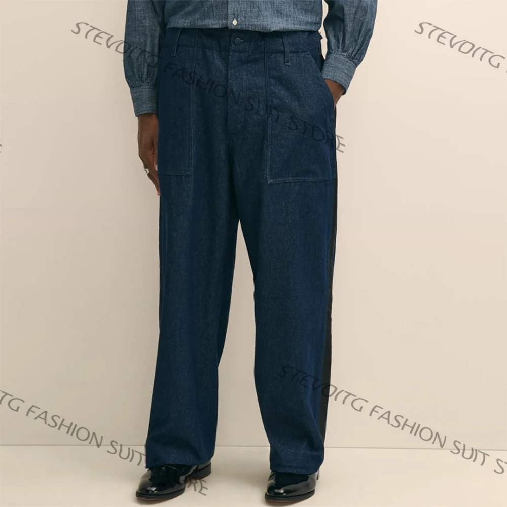 Wide Leg Denim Man Pants with Black Satin Side Stripe Smart Casual Loose Fit Jeans for Streetwear Tailored Daily Outfit