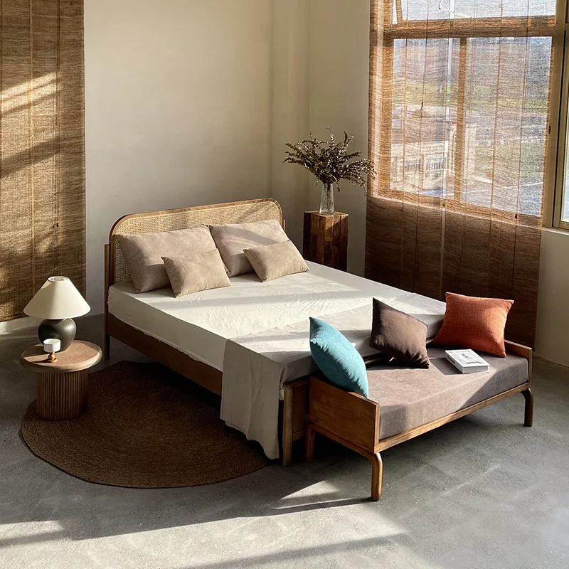 Durable King & Queen Sizes Loft Platform Bed Frame Homestay//CJ029 Wabi Sabi Style Solid Wood Rattan Woven Eco-Friendly