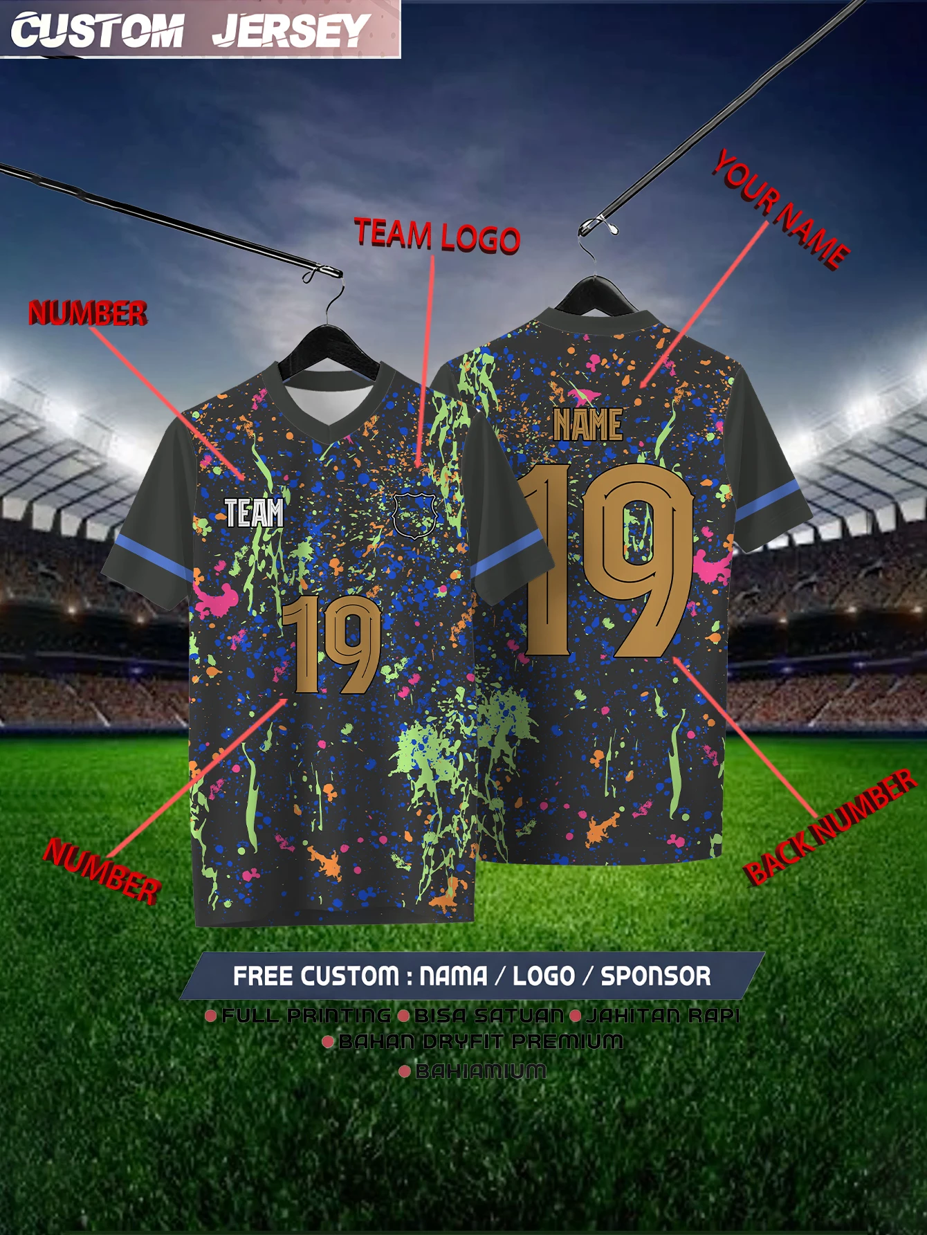 

Customized geometric black short sleeved shirt with team name, emblem, name and number, outdoor sports short sleeved T-shirt