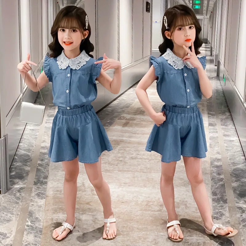 New Summer Teens Kid Baby Girls Clothes Lace off Shoulder Denim T Shirt vest + Solid Pants Outfits 5 6 7 8 9 10 11 12 Years