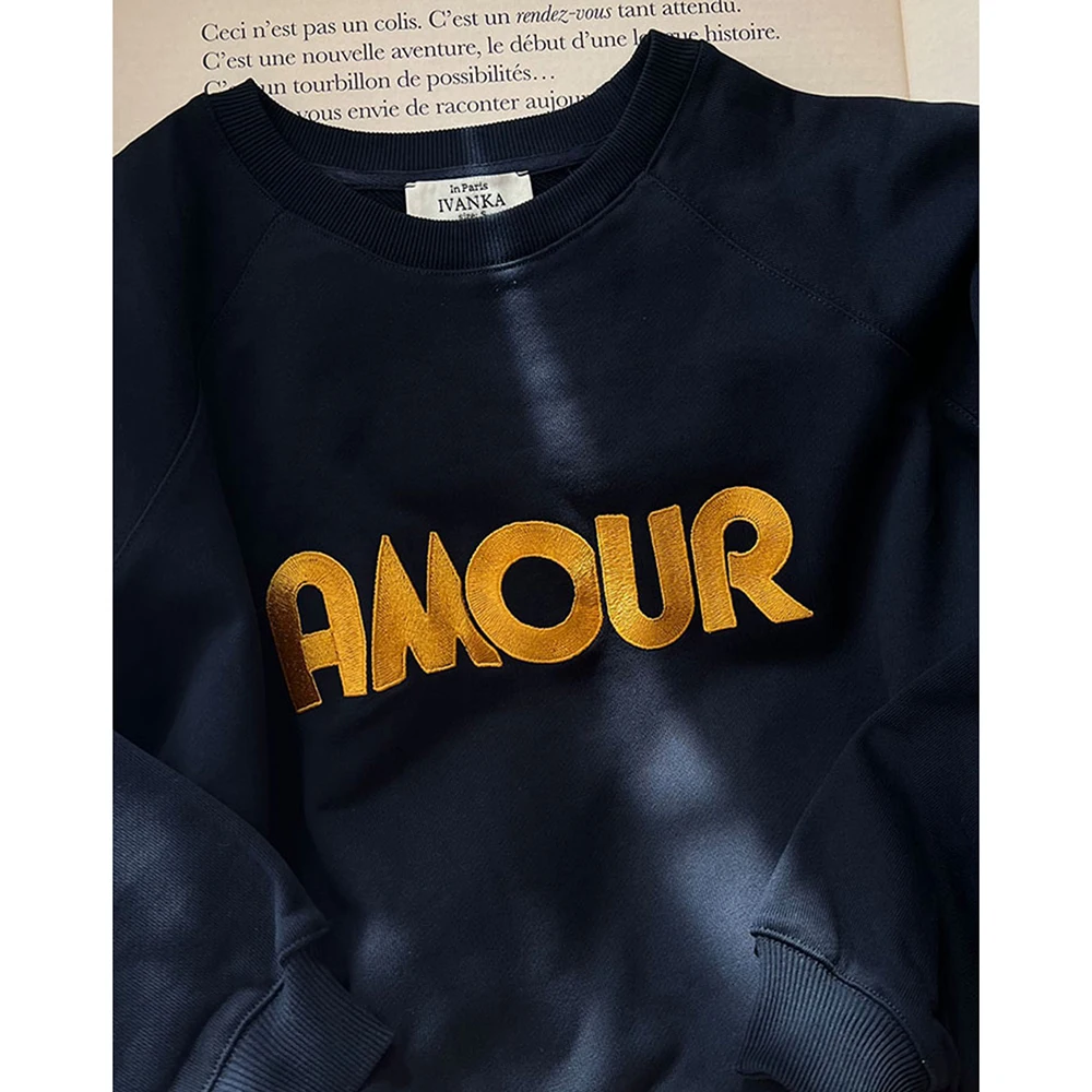 ZESSAM Classic Amour Embroidery Letter Sweatshirt Women Wnter O-Neck Long Sleeve Female Pullover Vintage Casual Lady Top 2023