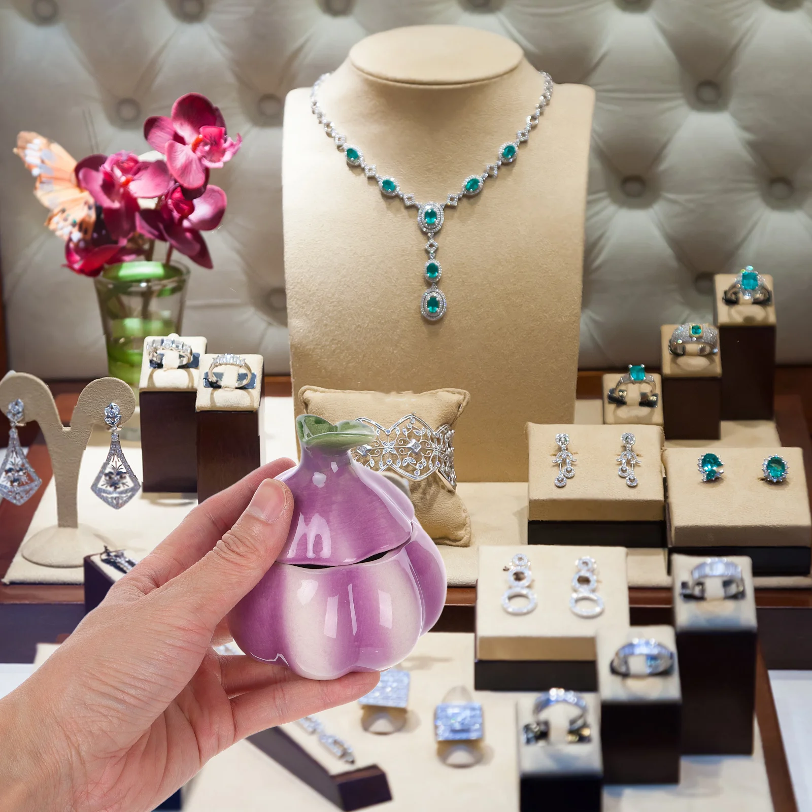 Ceramic Jewelry Storage Box Small Decorative Organizer for Rings Earrings Bracelets Makeup Vanity Desktop Holder