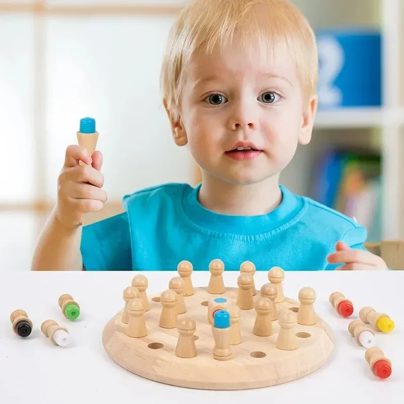 Ajedrez con memoria de Color de madera para niños, juego de tablero de ajedrez, rompecabezas para niños pequeños, ejercicio de memoria cerebral, entrenamiento de enfoque, juguetes educativos Montessori