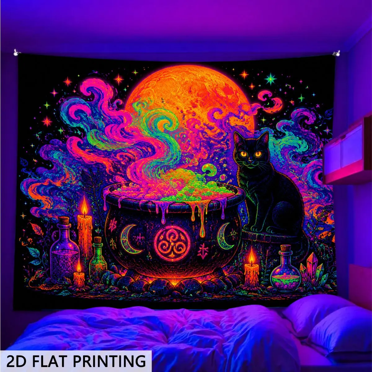Vibrant Bohemian Tapestry Wall Hanging Psychedelic Cosmic Moon Cat Witchy Spiritual Art Decor Polyester Print for Bedroom Living