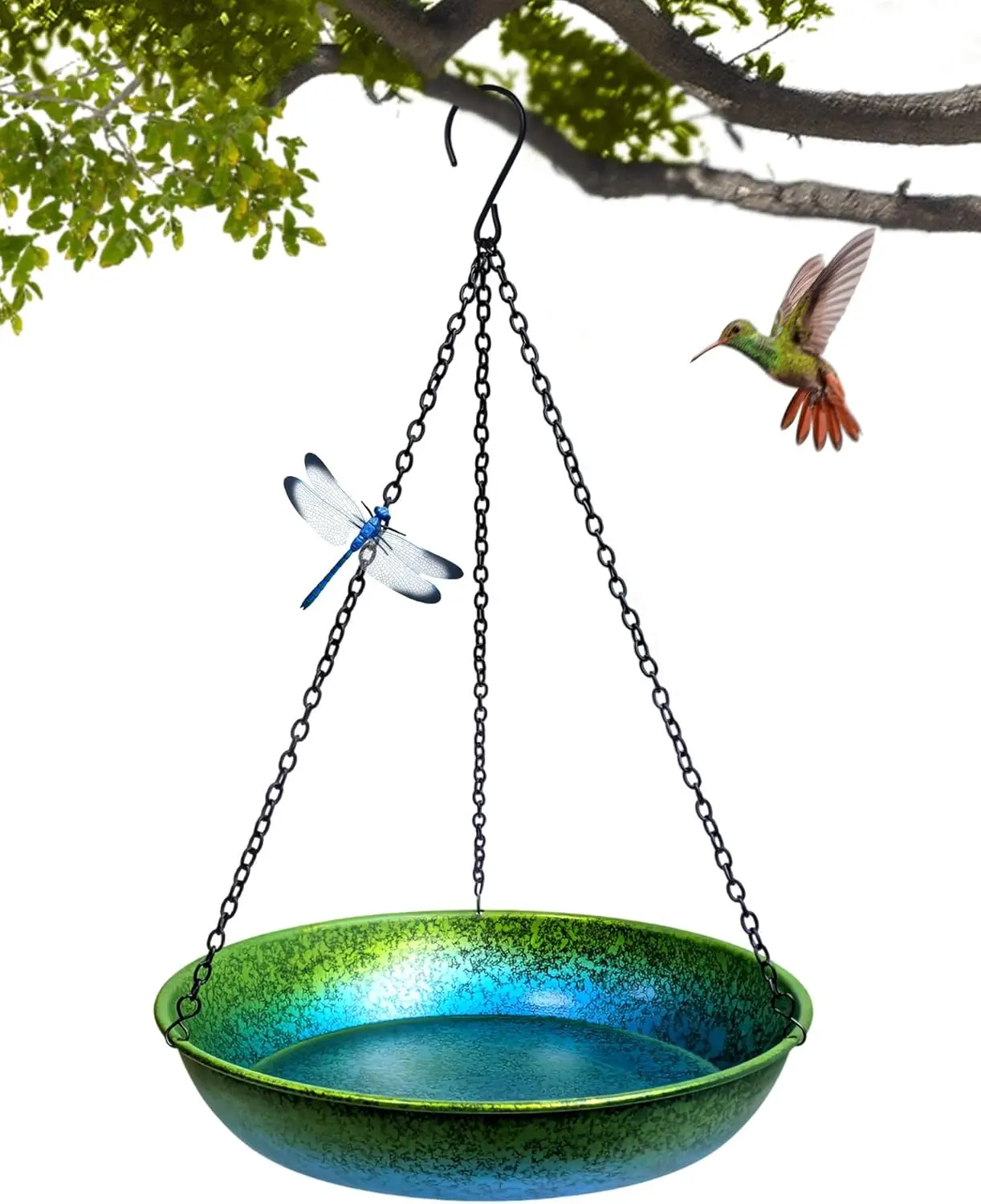 

Hand-Painted Metal Hanging Bird Bath, Blue-Green Gradient, 11 Inch for Backyard Garden