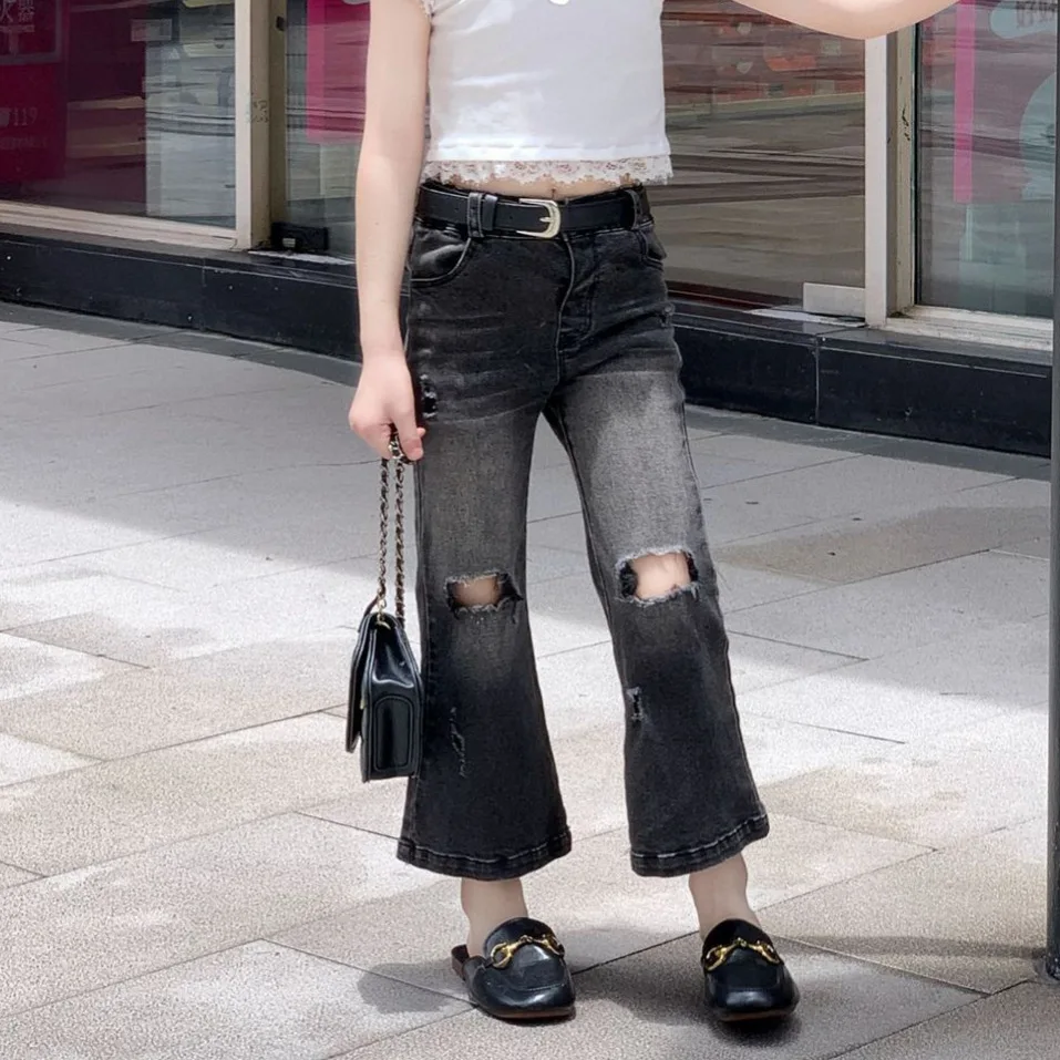 Girls 2026 Summer Korean Ripped Denim Flared Pants Stretch Soft Denim Micro Flare Pants Jeans Cool Girls Style
