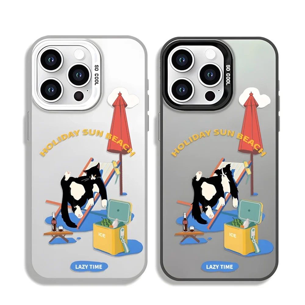 Cute Cat and Dog on Vacation Matching Case for iPhone 16 15 11 12 13 14 Pro Max XR Xs 8 Plus Hard IMD Plastic Cover for Couple