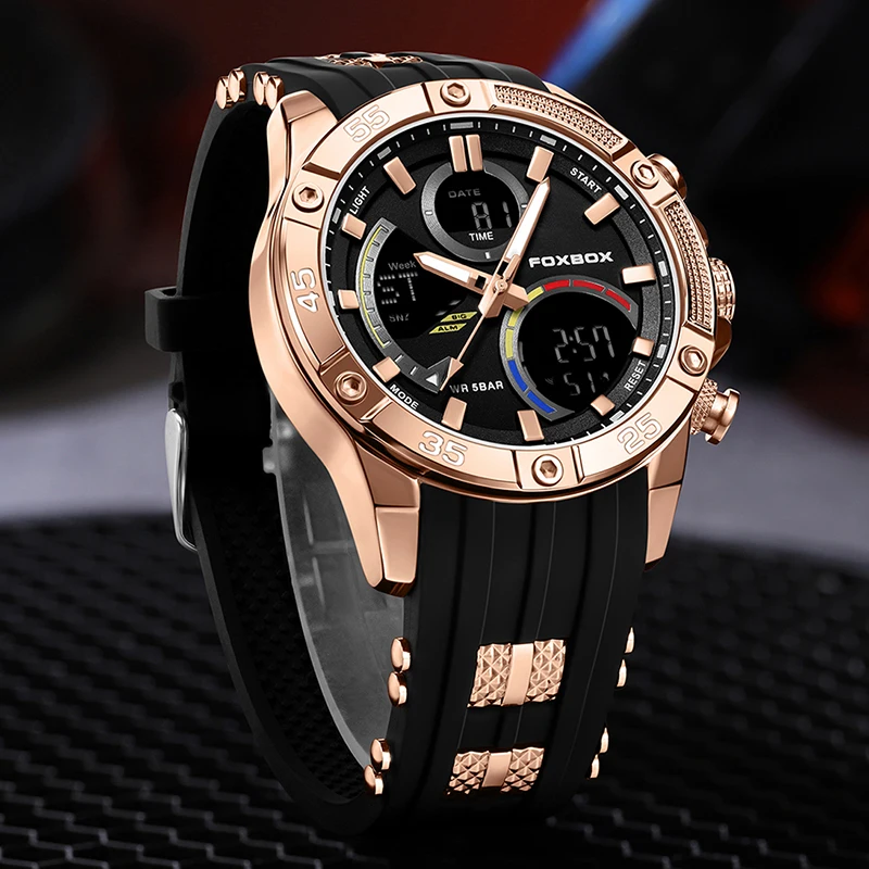 FOXBOX ساعة رجالي فاخرة LIGE ماركة موضة ساعات كوارتز رياضية للرجال مقاوم للماء LED ساعات المعصم الرقمية العسكرية Reloj Hombre