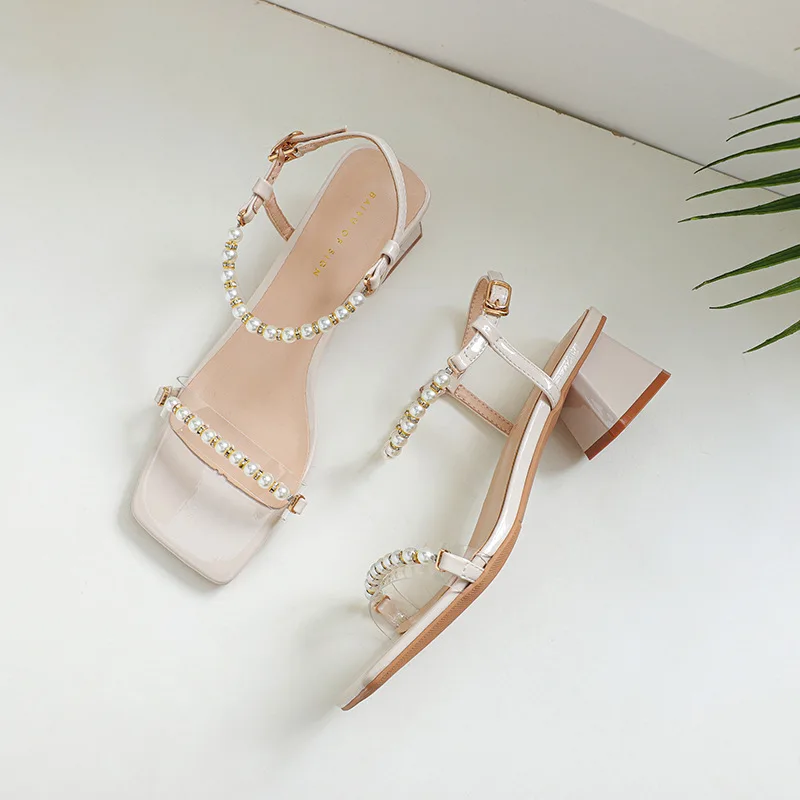 Heels Women Summer Low Heel Transparent String Bead Rhinestone Temperament Princess Style Versatile Roman Sandals Womens Shoes