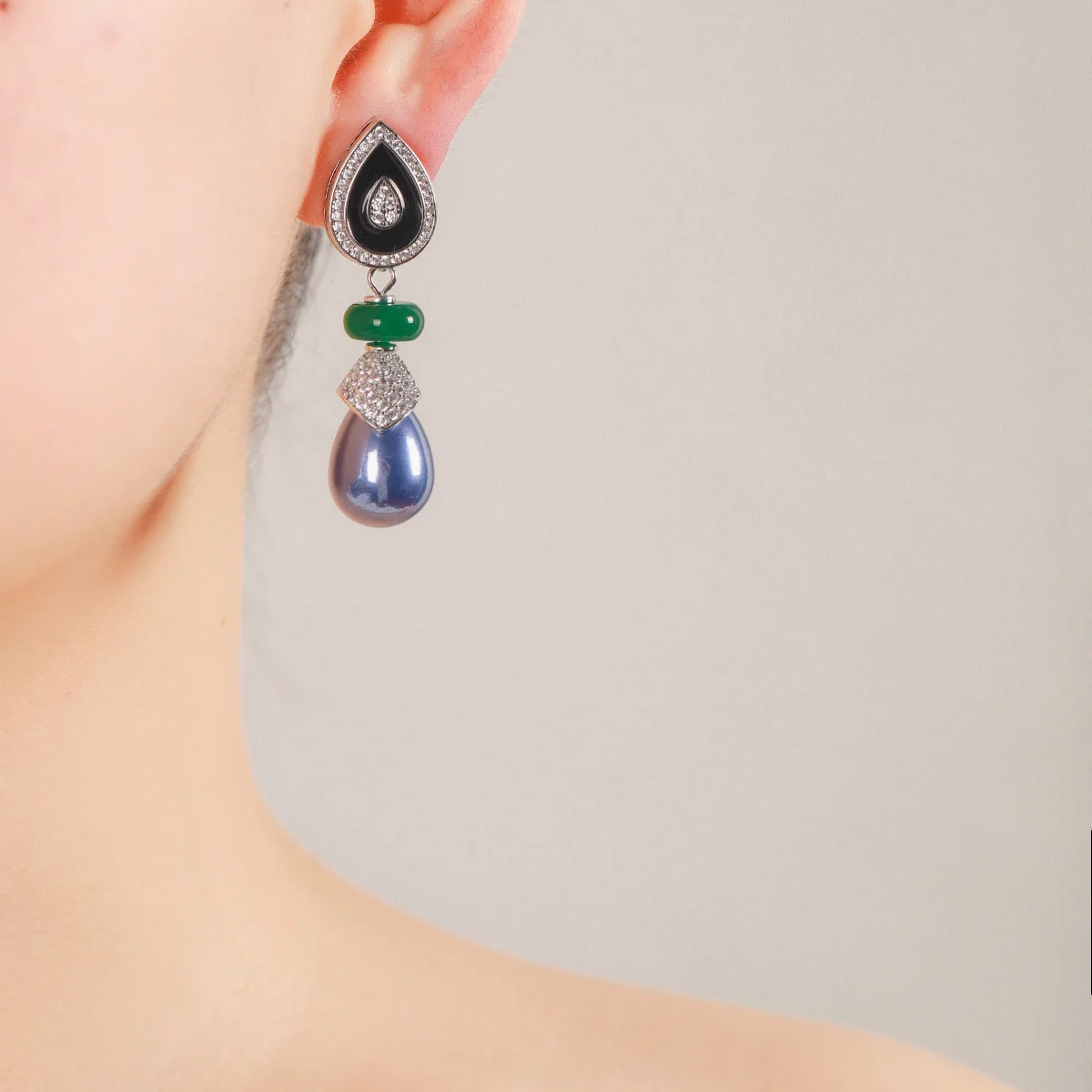

Silver Tone Teardrop Enamel & Blue Pearl Drop Earrings with CZ Accents, Women's Statement Fashion Jewelry