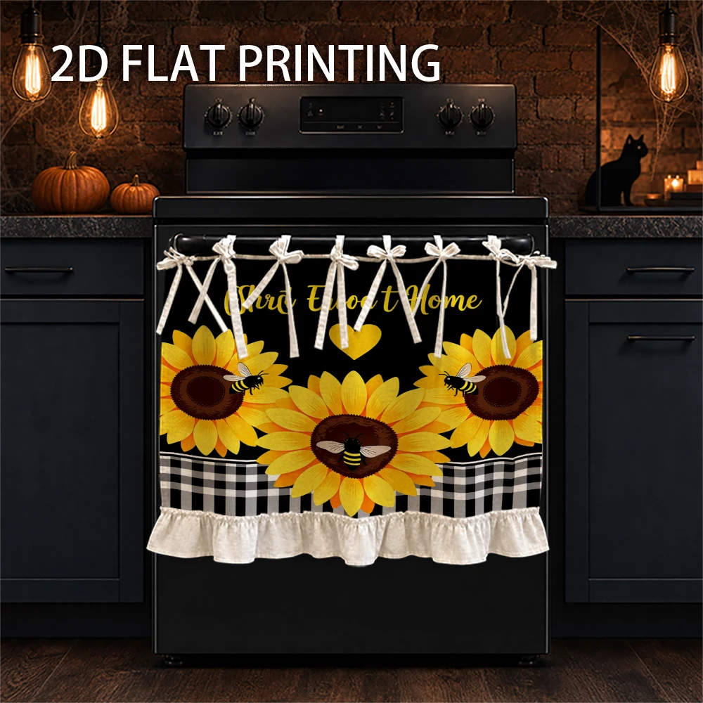 1PC Kitchen Curtain-Cabinet Curtain-Apron. Printed with sunflowers, bees and black and white checks. Can be used as a stove curt