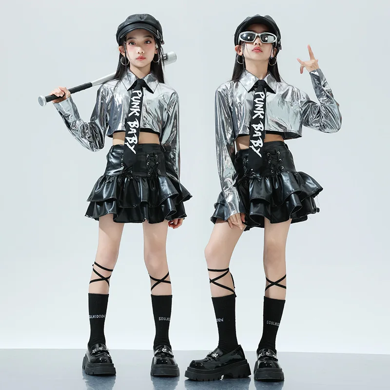 

Girls K-pop Silver Jacket Leather Tiered Skirt Cargo Pants Clothes Set Kids Hip Hop Street Dance Costumes Child Teens Streetwear