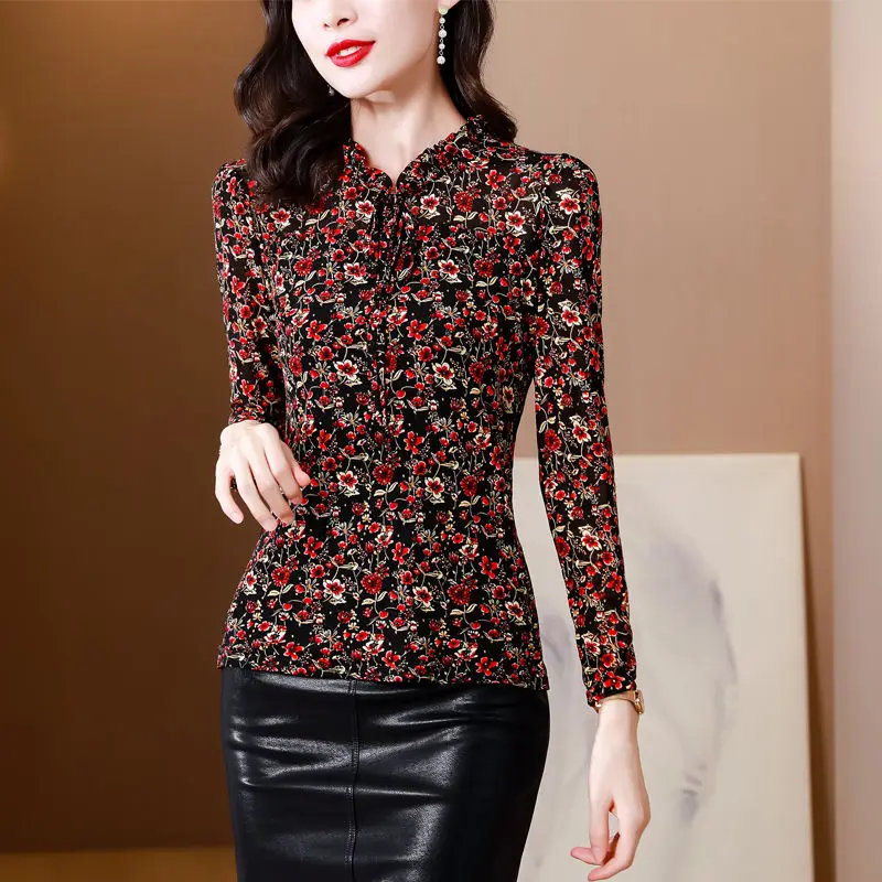 

Thick Winter Warm Casual Printing V-neck Femme T-Shirts Long Sleeve Fashion Slim Tops Elegant Temperament Women's Clothing 2023