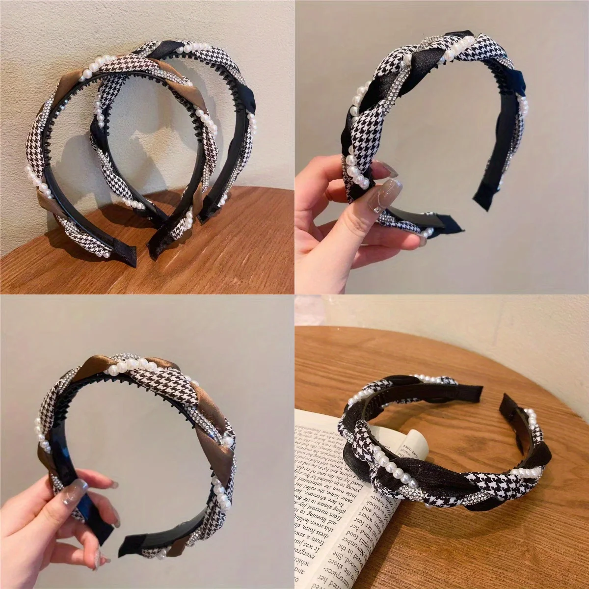 

Elegant Houndstooth Hair Hoop Pearl Twist Cross Design Non-Slip Teeth for Women Girls Travel Vacation Hair Accessories Headband