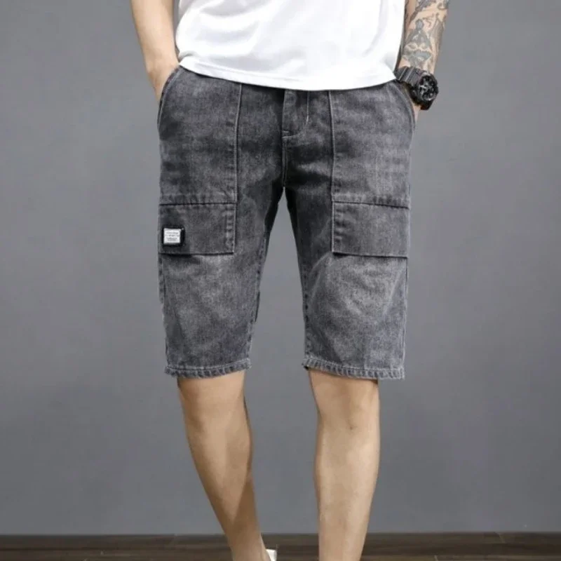 

Half Men's Short Jeans Pants Wide Male Denim Shorts Long with Pockets Loose Bermuda Baggy Xl Cut Stretchable Wih Zipper New In