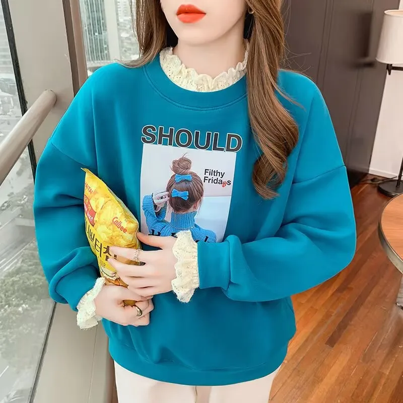 2025 Women's Hoodies Korean Style Autumn Winter Lace Patchwork Fleece Hoodie Female Pullovers Tops Student Casual Sweatshirt