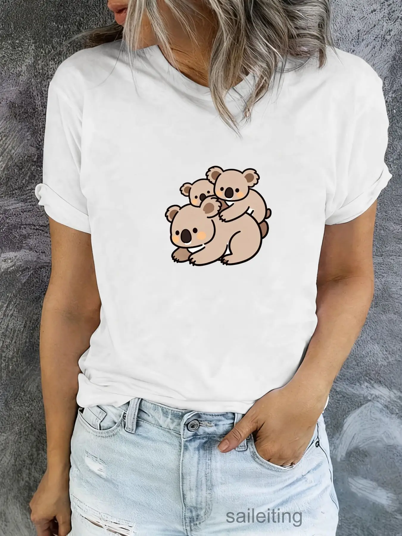 Cute Koala Group Hug Cartoon T-Shirt Women Men Summer Casual Short Sleeve Soft Tee - Adorable Animal Graphic Top for Family F