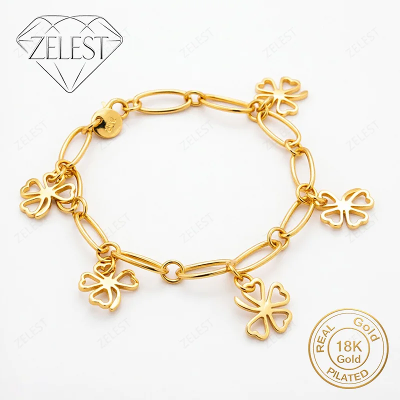 925 Sterling Silver 18K Gold Plated 8-inch Delicate Openwork Four-Leaf Clover Bracelet for Women, Party Wedding Gift Jewelry