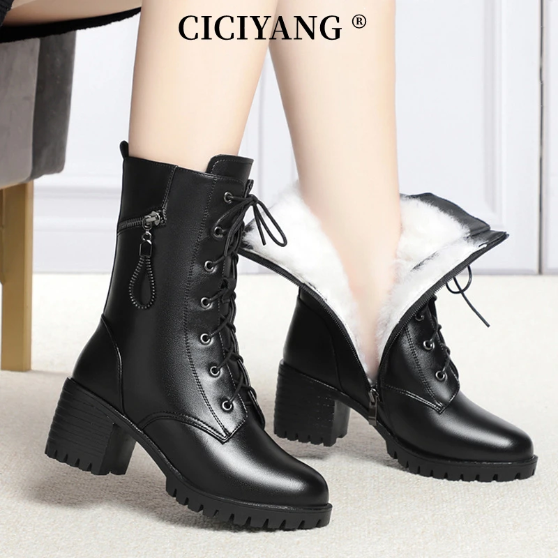 

CICIYANG High-heeled Genuine Leather Women Winter Boots Thick Wool Warm Women Military Boots Large Size 42 43 Female Snow Boots