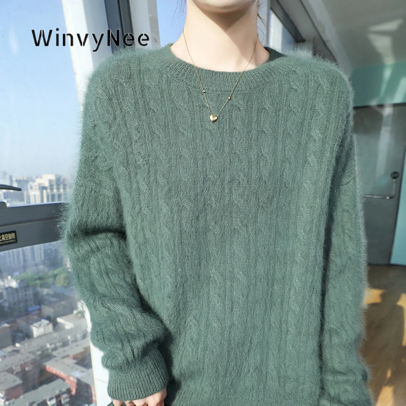 Женский пуловер WinvyNee с круглым вырезом, теплый, из норкового кашемира, с начесом, вязаный косами, мягкий, элегантный, зимняя одежда, модель A1248025