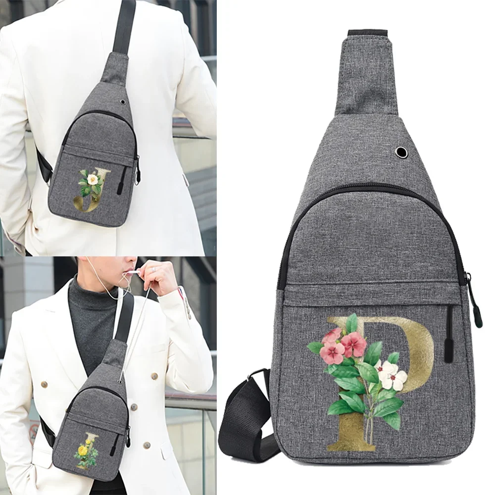 Man Chest Bag Shoulder Men Bag Pouch Travel Sport Waist Pack for Men Golden Flower Letter Name Pattern Print Series