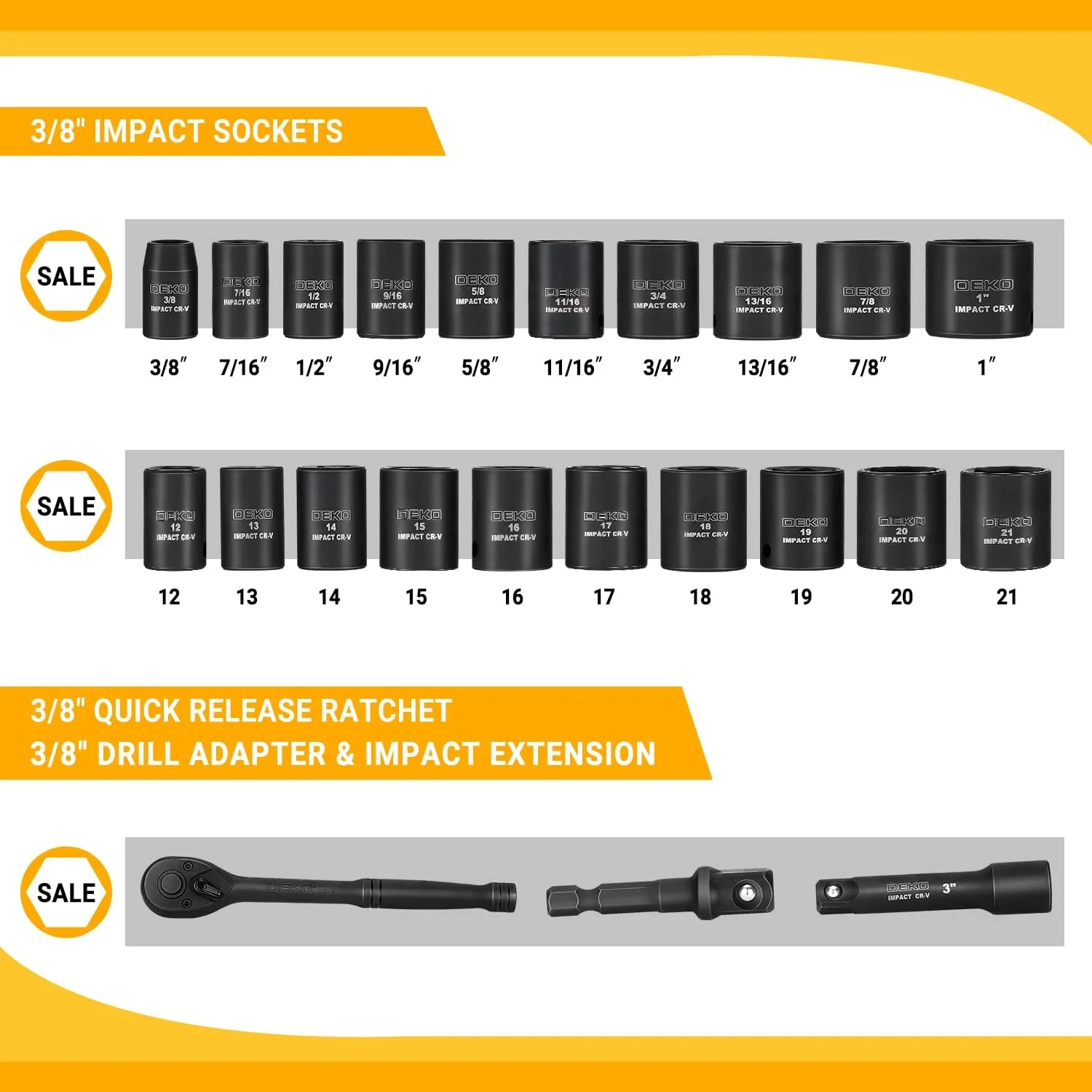 DEKO 23-Piece Socket Wrench Set, 3/8" Drive Metric/SAE, Impact Socket Set with 72 Tooth Reversible Ratchet, Mechanics Tool Set