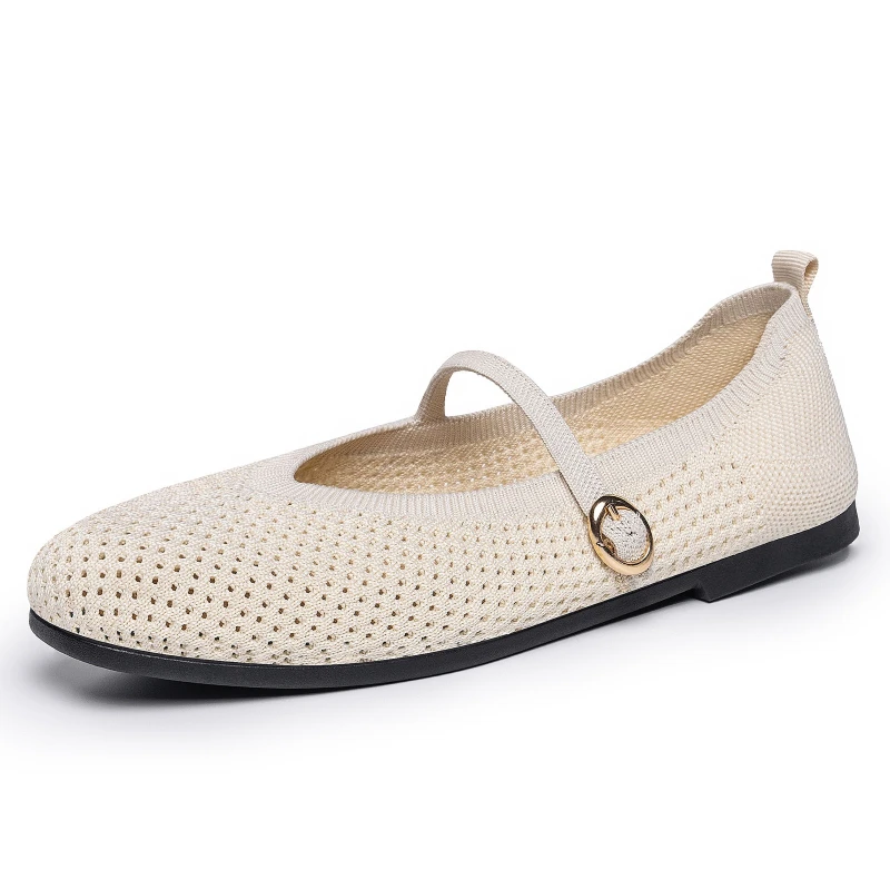 Summer Women Hollow Knit Mary Jane Shoes Soft Flat Sole Lightweight Buckle Strap Daily Breathable Casual Fashion Ballet Flats
