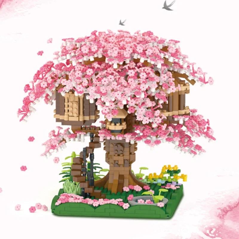 DIY Discoloration Cherry Blossom Flower Pink Tree House Train Assembly Building Blocks Model Bricks Sets Kid Holiday Toys Gifts