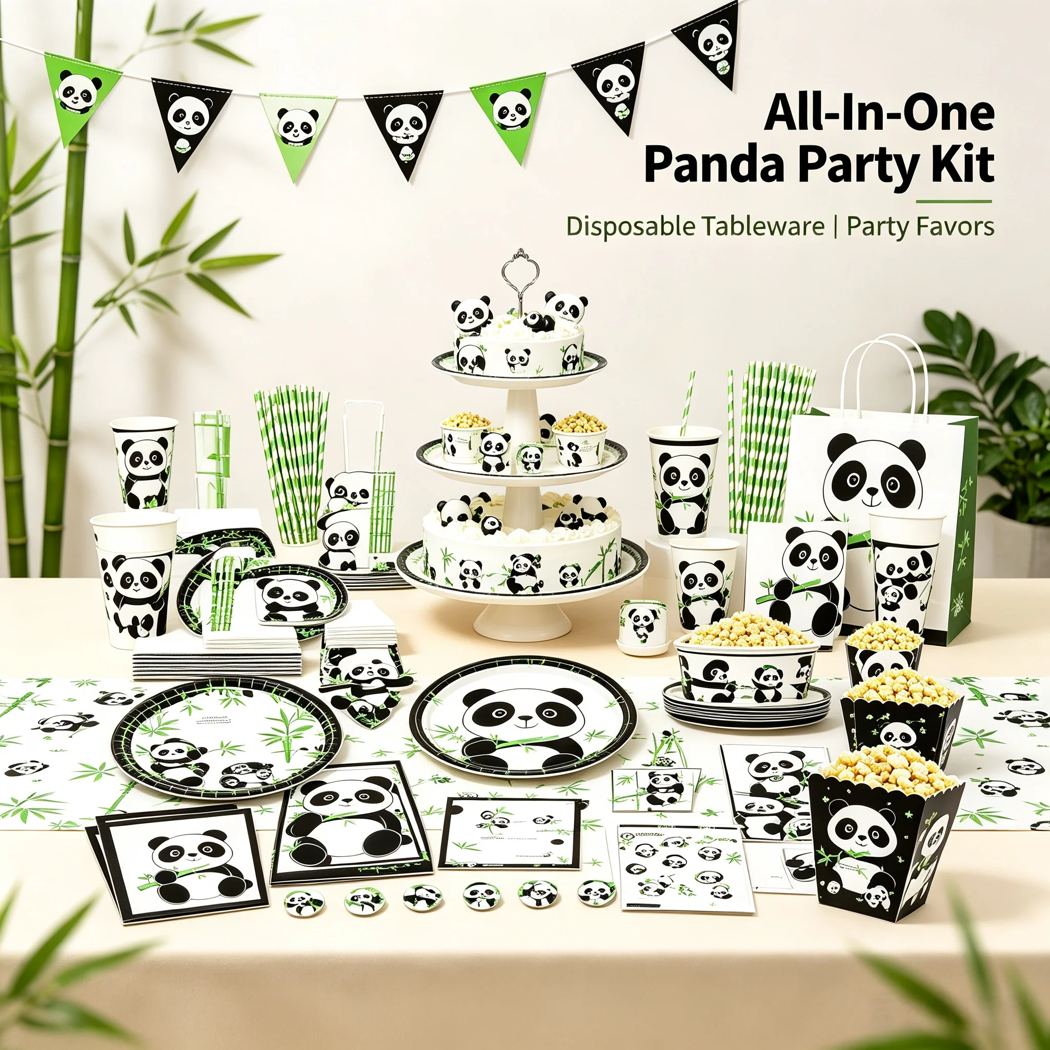 Cute Panda Theme Party Supplies Birthday Party Tableware Set Panda Theme Dress Background Flag Pulling Birthday Hat Tablecloth