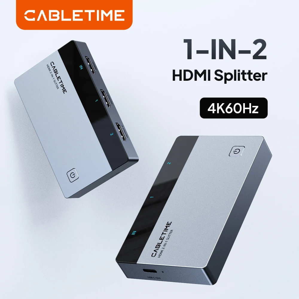 CABLETIME 4K 60Hz HDMI Splitter 1 IN 2 Out  LED Light Screen Splitter for HDTV Computer Monitor Switch PS5 Xiaomi Macbook Laptop