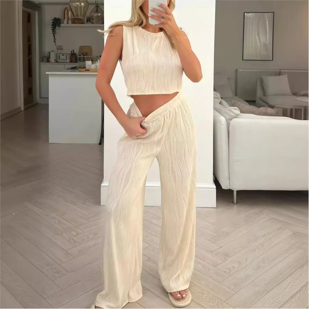 Slim Crop Top And Trousers Two Piece Set For Women 2024 Summer Solid Color Round Neck Tank Top Straight Tube Pants Suits Outfits