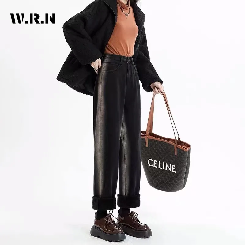 Fleece Thicke High Waist Wide -Leg Denim Jeans Women Autumn Winter Loose All-Match Warm Straight Pants Contrast Color Trouser