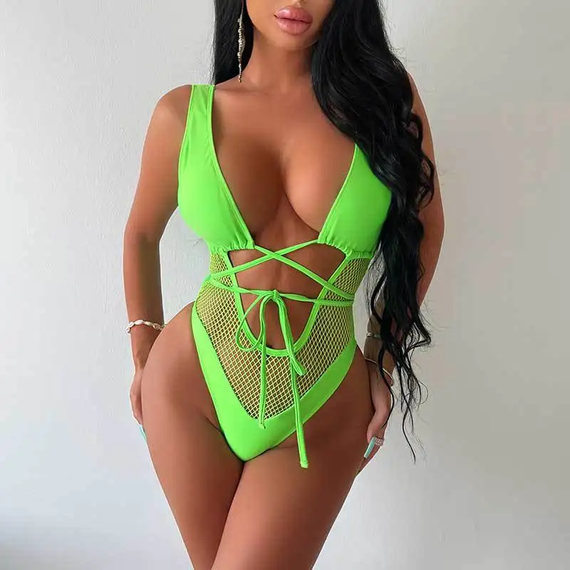 2026 New Euro-american swimsuit black mesh hollowed out lace-up one-piece swimsuit sexy tight swimsuit bikini spot wholesale