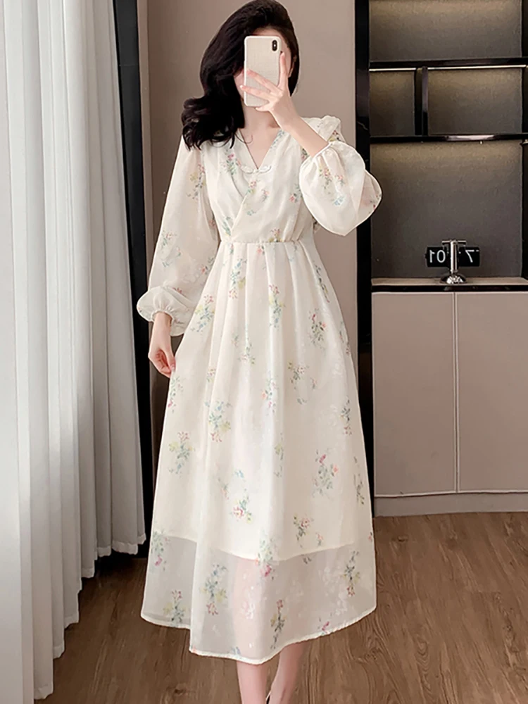 

Spring White Floral Chiffon Casual Dress with Long Sleeve Women Korean Fashion Chic Festival Dress 2025 New Elegant Party Dress