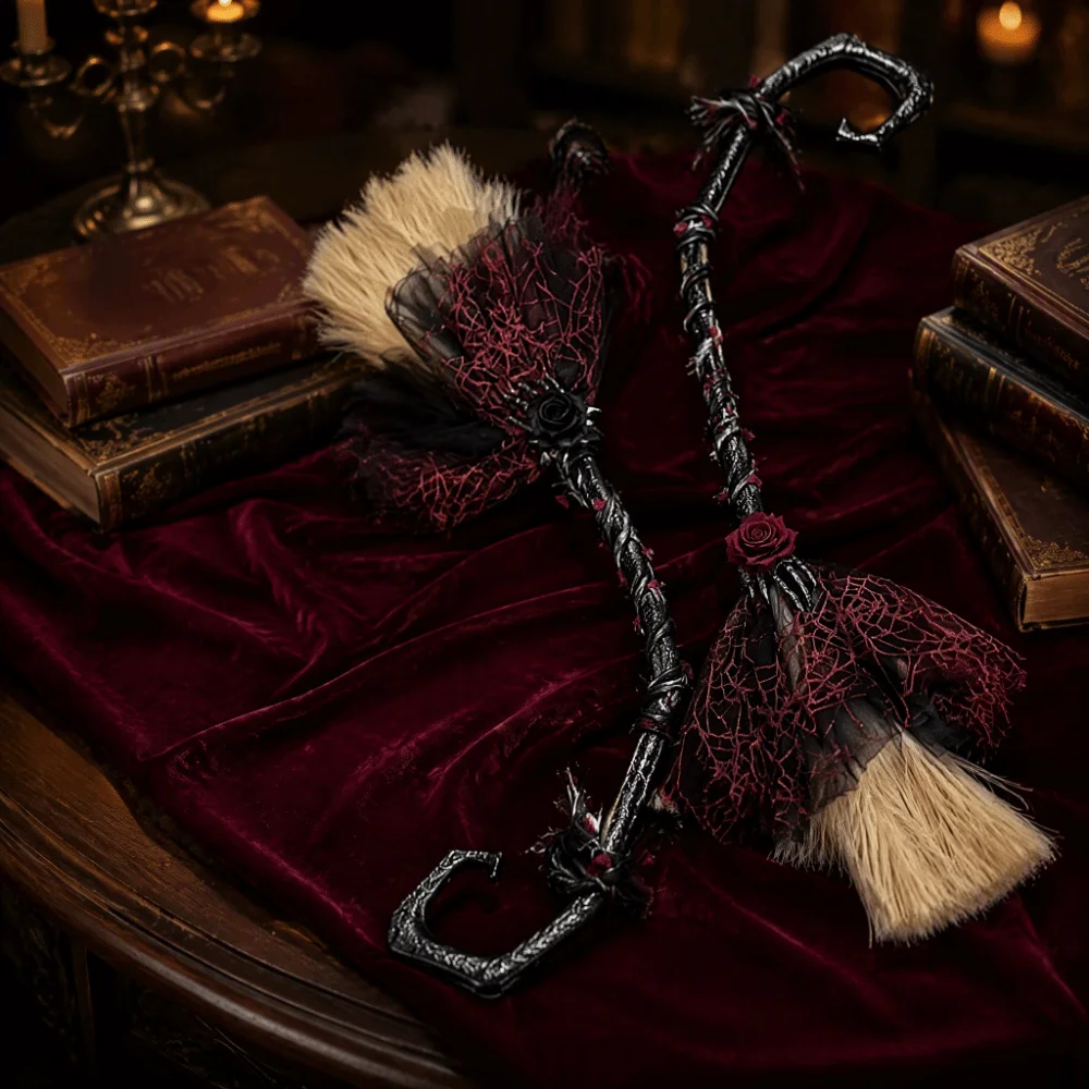 Gothic Style Witch Broom Black Tulle Plastic Material Cosplay Props Red Rose Handmade Bowknot Magic Wand Festival Parties