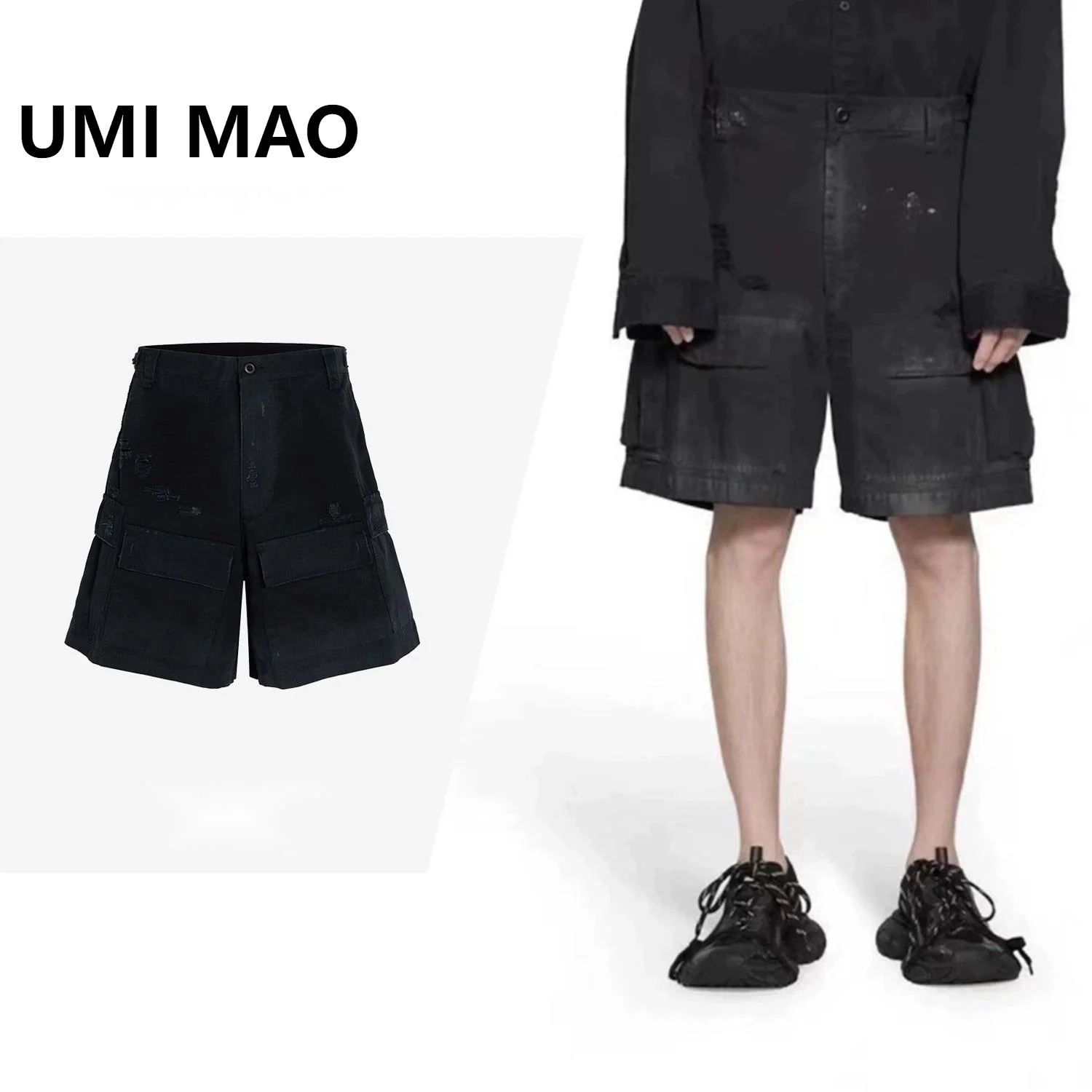 

UMI MAO Men's High Street Tear Casual Pants For Women Men's Same Waist Buckle Damaged Work Shorts Trousers