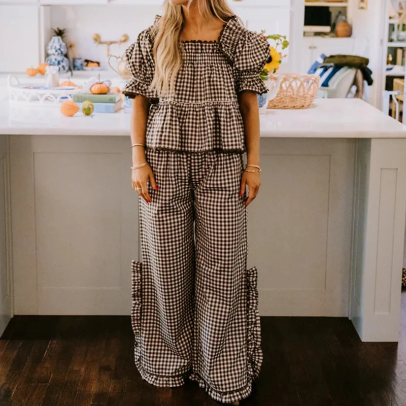 

Maemukilabe Women Christmas Gingham Pajama Set Ruffles Puff Sleeve Babydoll Shirt Tops + Pants Plaid Loose Fit Lounge Sleepwear