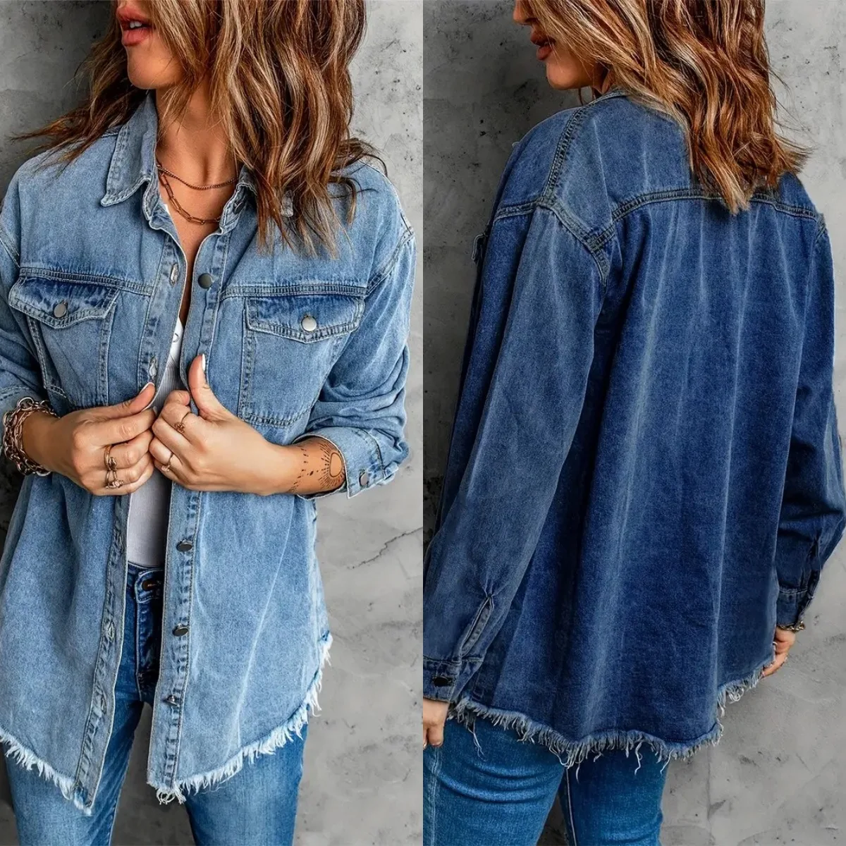 

Grunge Raw Hem Denim Shacket Women Dark Wash Distressed Oversized Shirt Coat Vintage Layering Long Sleeve Top Fall Street Style