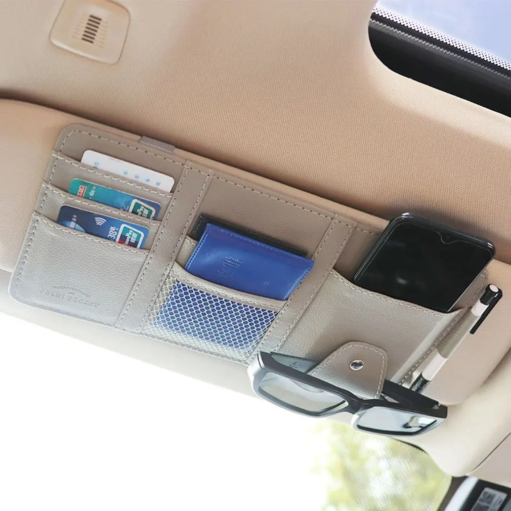 PU Leather Universal Car Sun Visor Organizer Multi-Pocket Auto Interior Pocket Organizer Car Document Storage Pouch Pen Holder