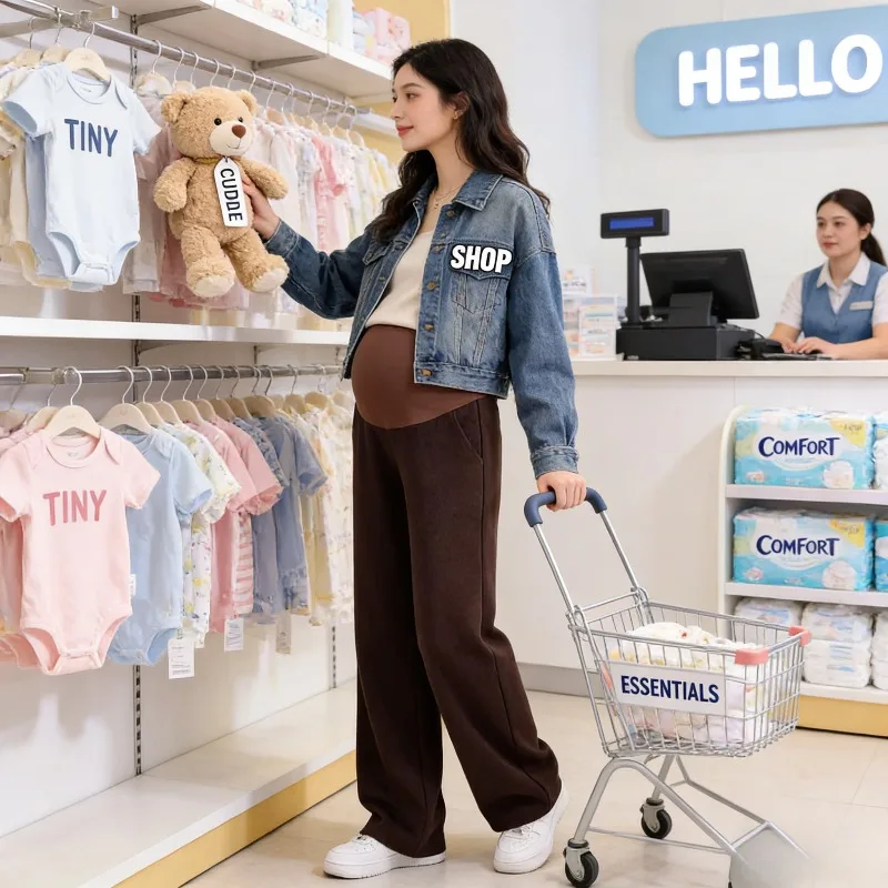 

Широкие брюки для беременных, осень-зима 2025, новый стиль, повседневные брюки больших размеров для беременных, на флисовой подкладке