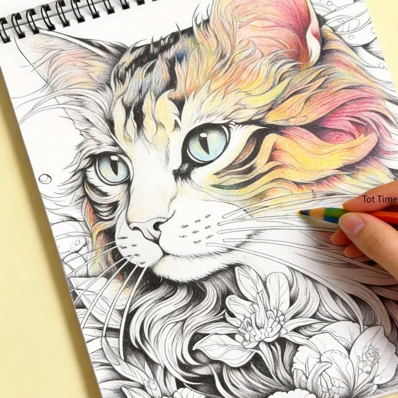 A Healing Animal and Flower Line Drawing Coloring Book, Cat Theme, Adult Anxiety Relief and Relaxation Hand Drawn Book, 32 Pages