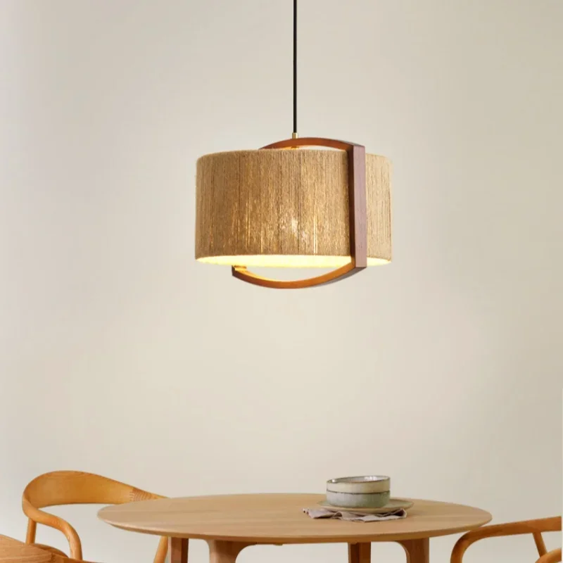 Japanese Wabi Sabi style Hemp Rope Pendant Light Solid Wood Restaurant Island Table Living room Bedroom Study Original Creation