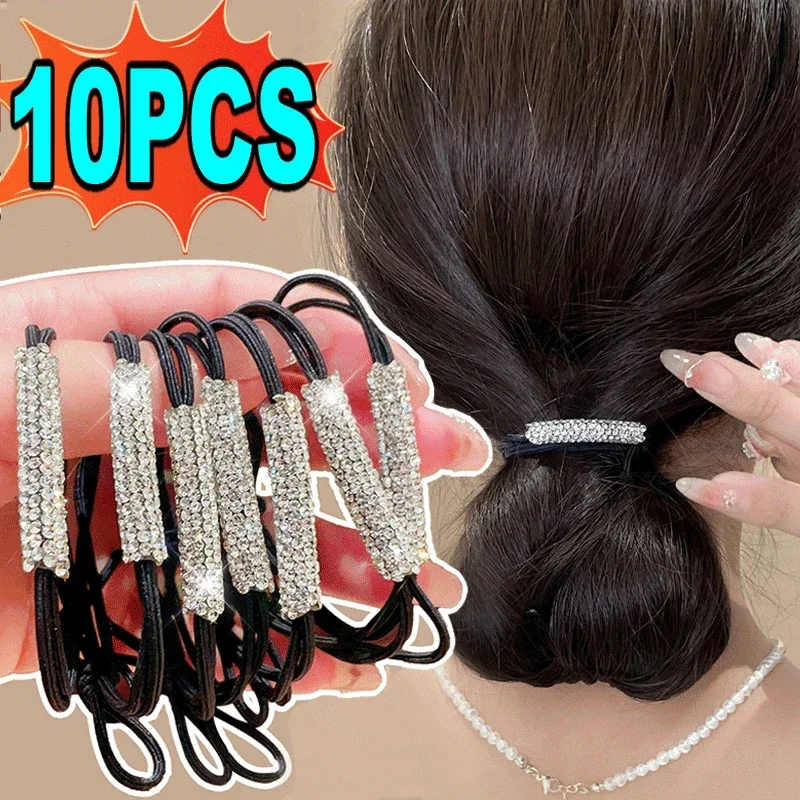 1-10 pçs feminino diamantes preto brilhante strass sem costura faixa de borracha elástica corda de cabelo 2023 nova moda venda quente acessórios