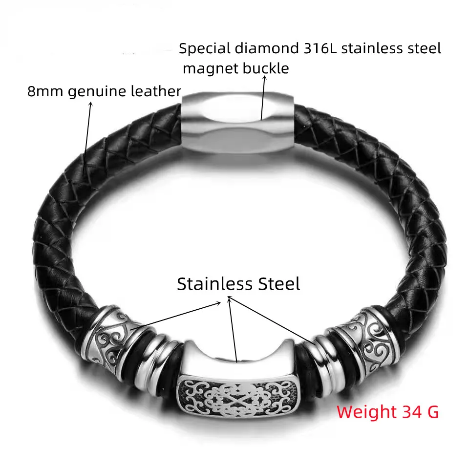 European and American Punk Style Water Chestnut Magnetic Clasp Stainless Steel Mesh 8mm Braided Leather Rope Men\'s Bracelet