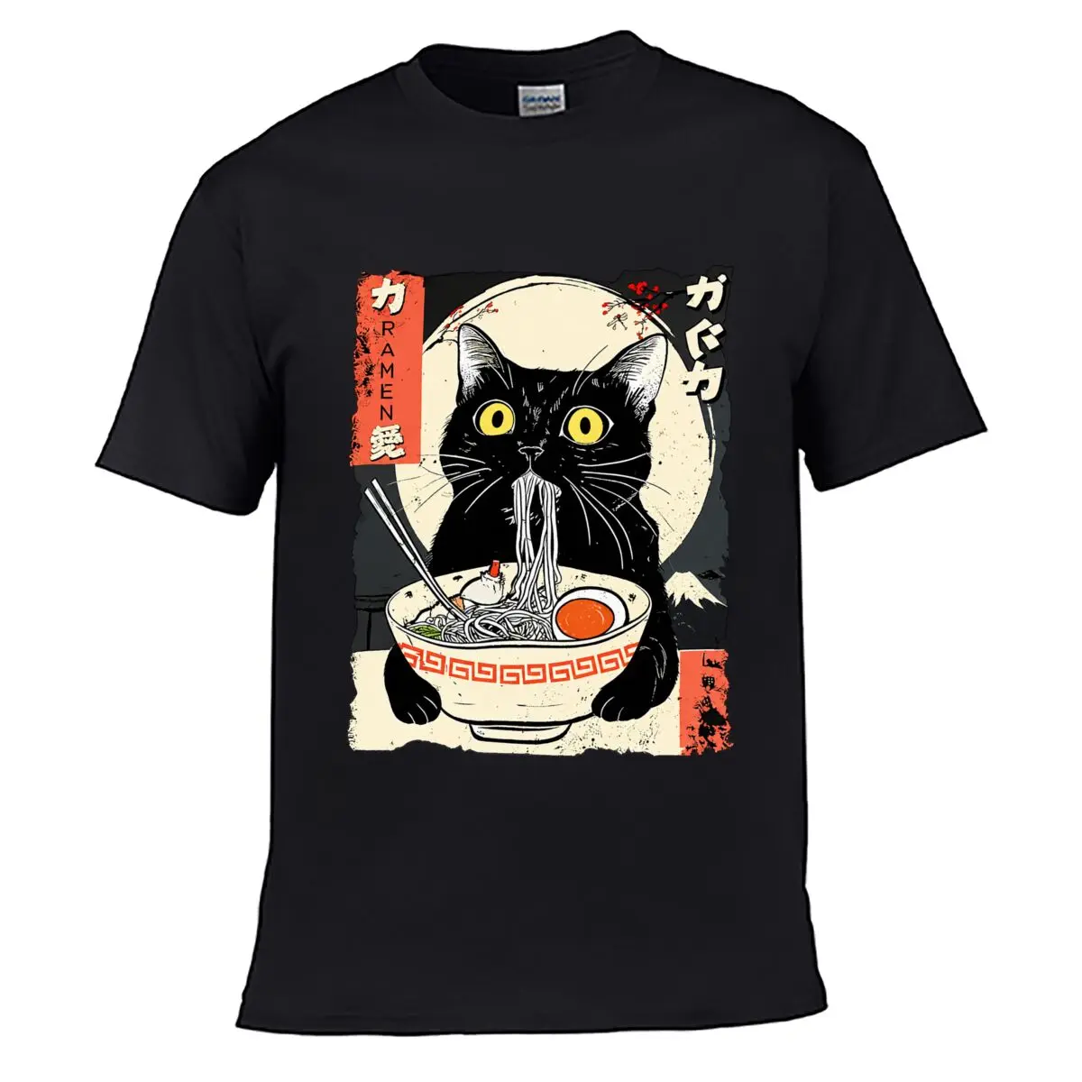 Black Cat Eating Ramen Noodles Japanese Art Men Summer Washed Tee Loose Distressed Top