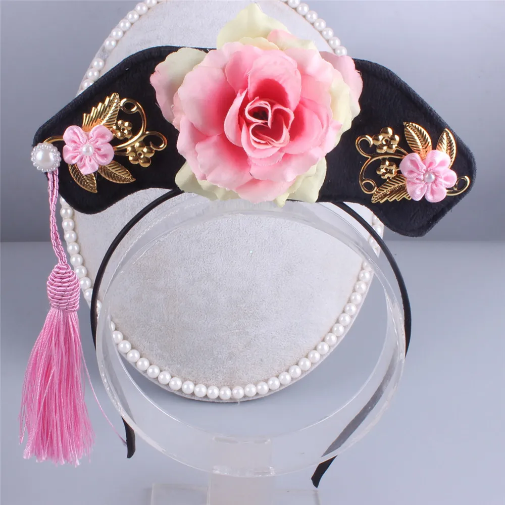 Chinese Ancient Princess Gege Headband Royal Flower Hair Hoop Pearl Tassel Hair Band Costume Cosplay Headwear For Girls