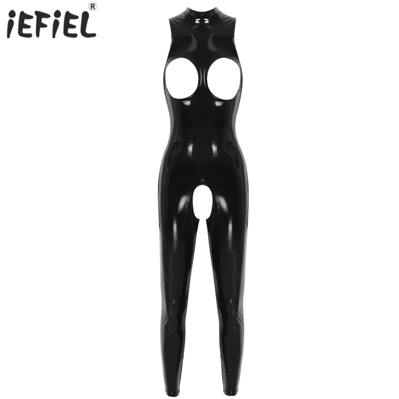 

Womens Lingerie Open Cups Glossy Patent Leather Crotchless Bodysuit Latex Catsuit Mock Neck Sleeveless Skinny Jumpsuits Clubwear