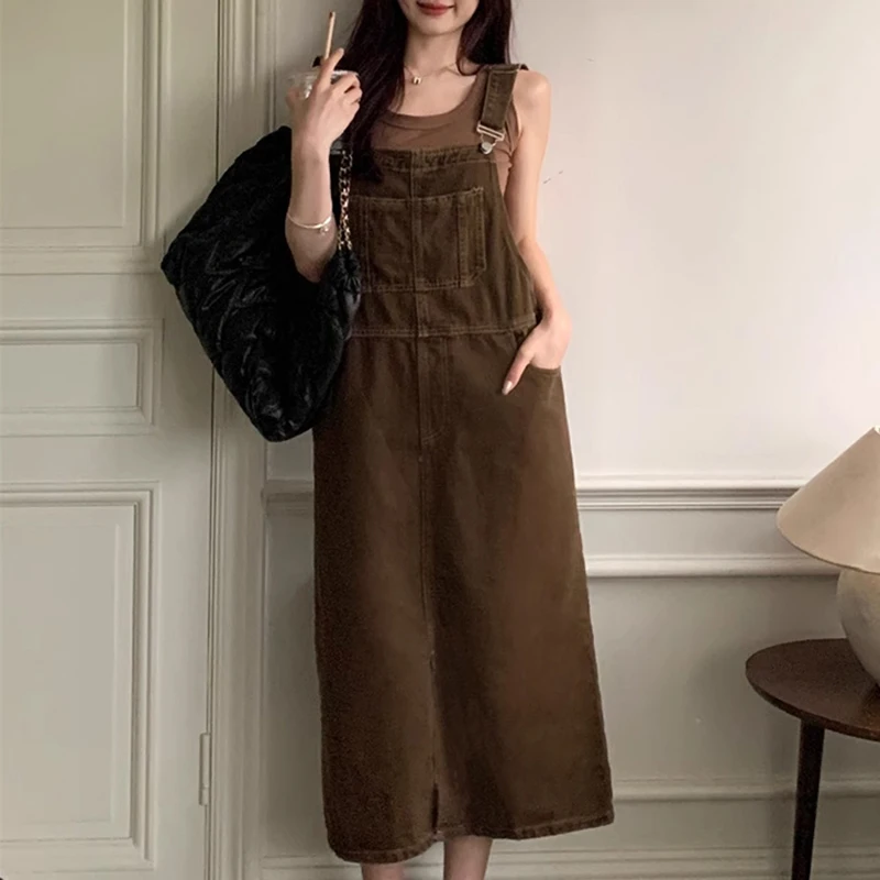 Women Coffee Denim Suspender Dress Plus Sized Loose Mid Length Slit Overall Vestidos Casual Solid Color Female Strap Dress